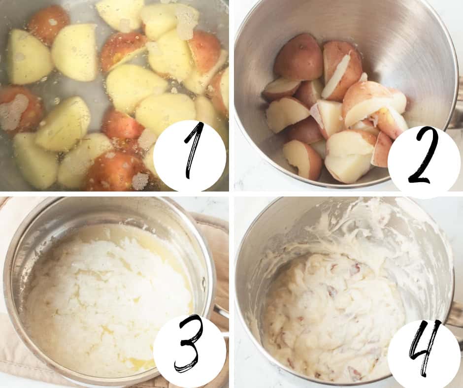 A collage with four images showing each step of how to make Copycat Cheesecake Factory Mashed Potatoes.