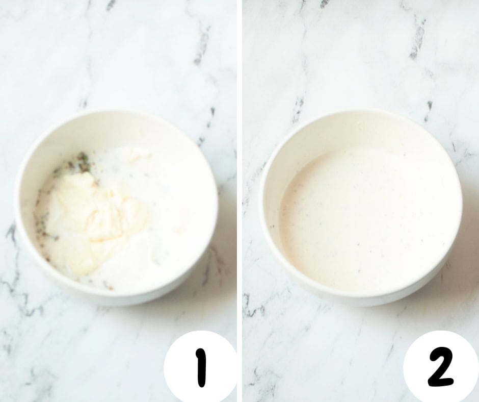 A collage with two images showing how to make copycat Brios creamy Parmesan Salad Dressing