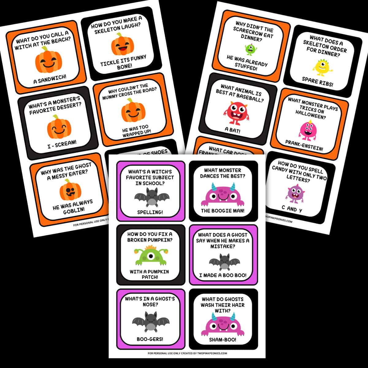 A mock up of all three Halloween lunch box note pages.
