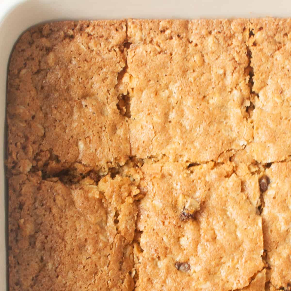 Up close photo of oatmeal blondies cut into squares.