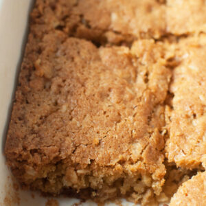 Up close photo of oatmeal blondies cut into squares.
