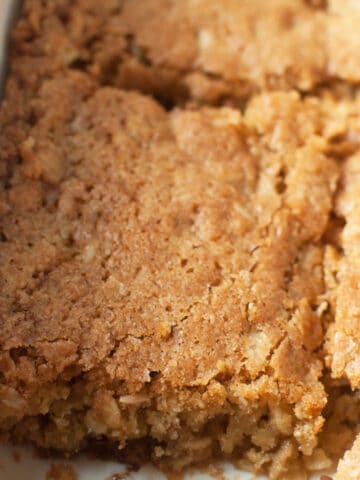 Up close photo of oatmeal blondies cut into squares.