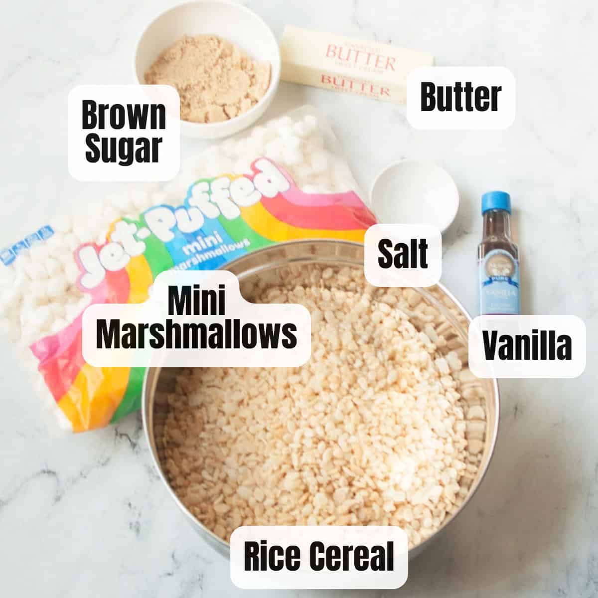 The ingredients needed to make Rice Krispie treats in a 9-13 inch pan.