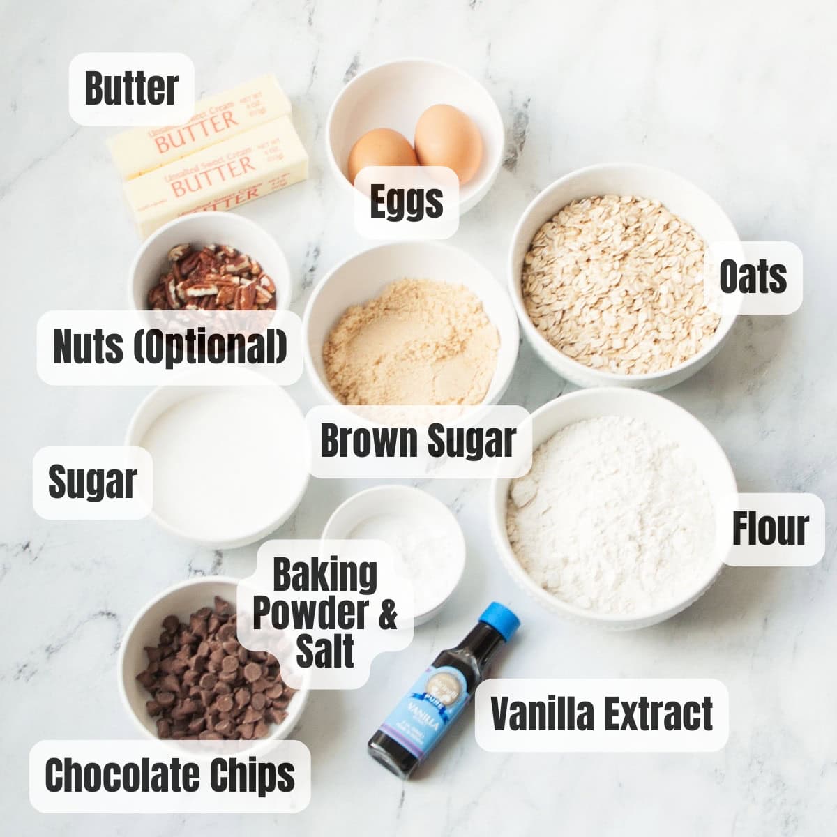 The ingredients needed to make oatmeal blondies.