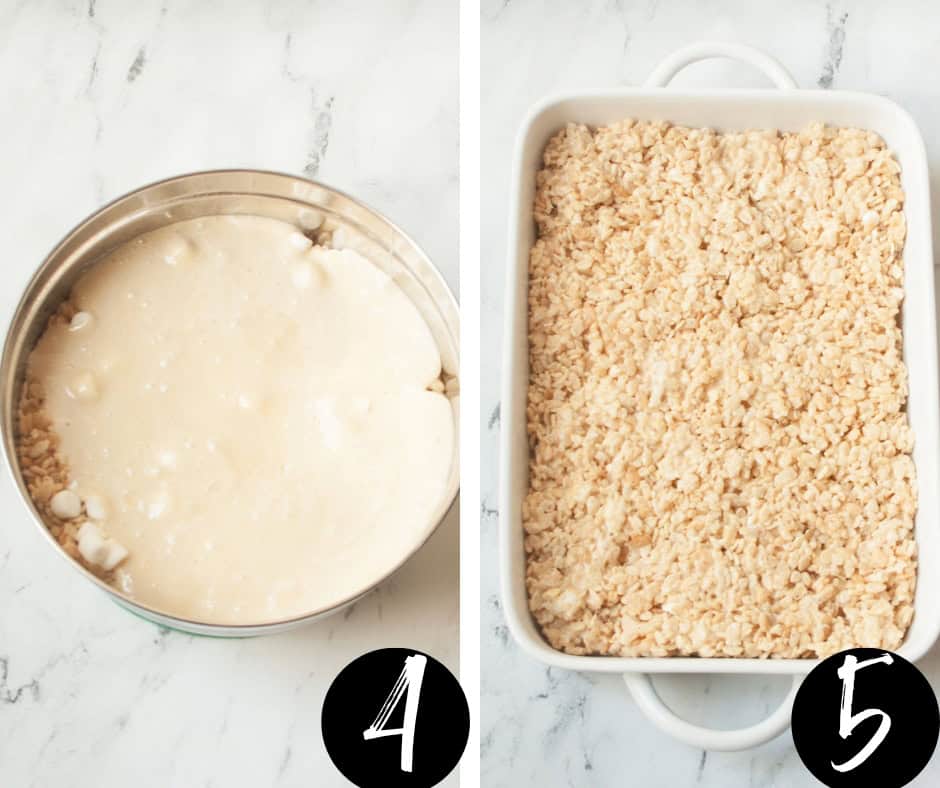 Steps 4 and 5 of how to make Rice Krispie treats in a 9-13 inch pan.