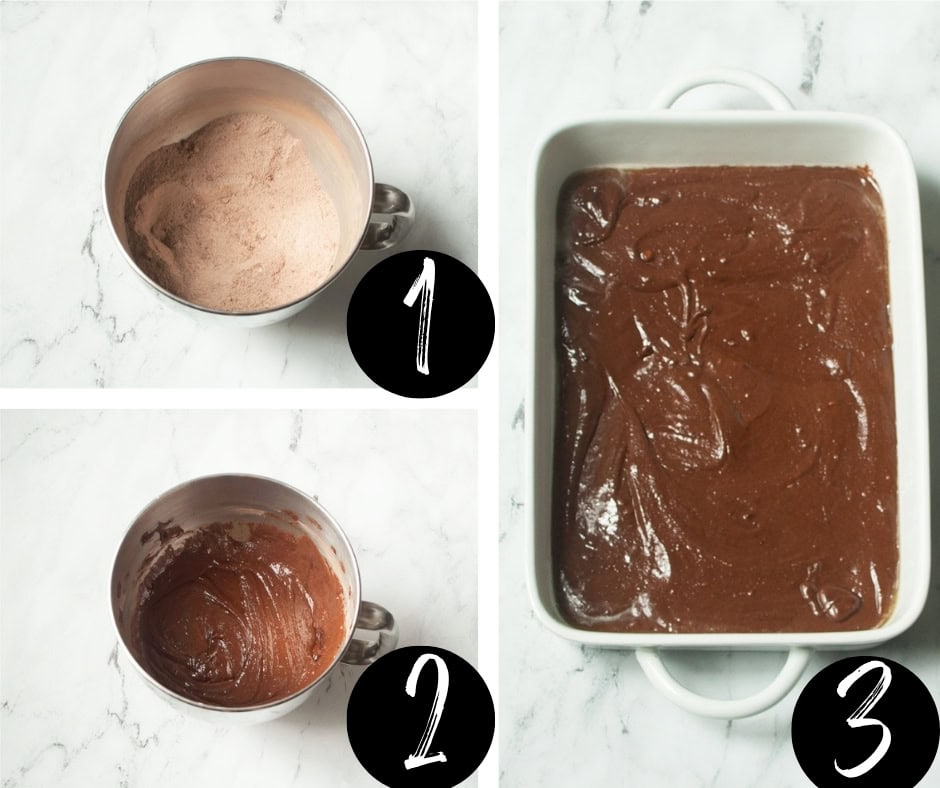 A collage with three images showing each step of how to make Amish brownies.