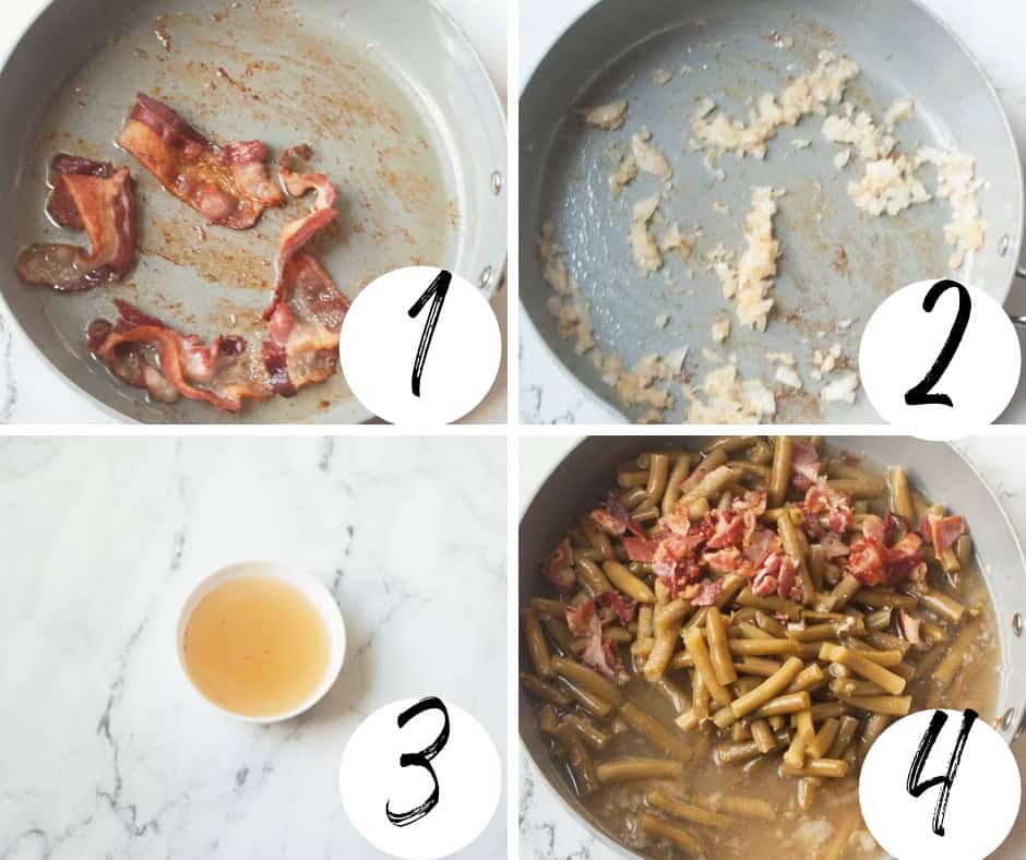A collage with four images showing each step of how to make Copycat Texas Roadhouse Green Beans.