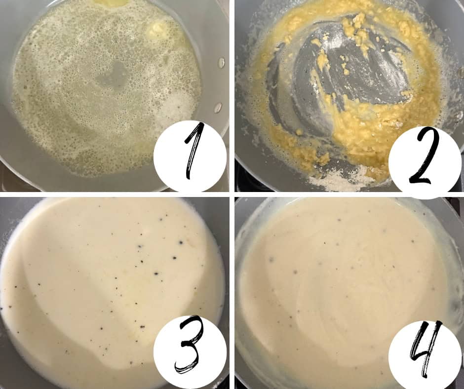 A collage with four images showing each step of how to make Copycat Texas Roadhouse White Gravy.