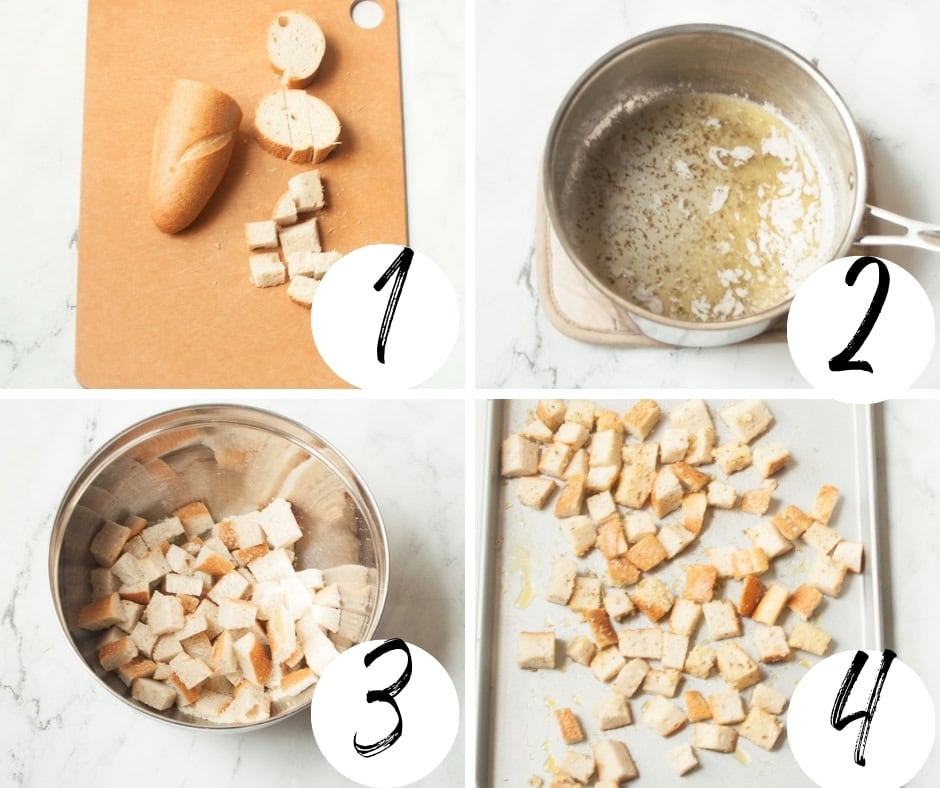 A collage with four images showing the steps of how to make copycat Texas Roadhouse croutons.