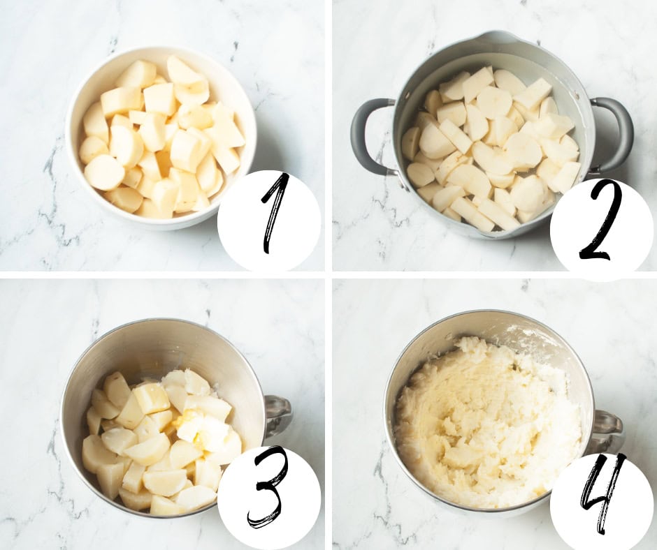 A collage with four images showing each step of how to make copycat Texas Roadhouse mashed potatoes.