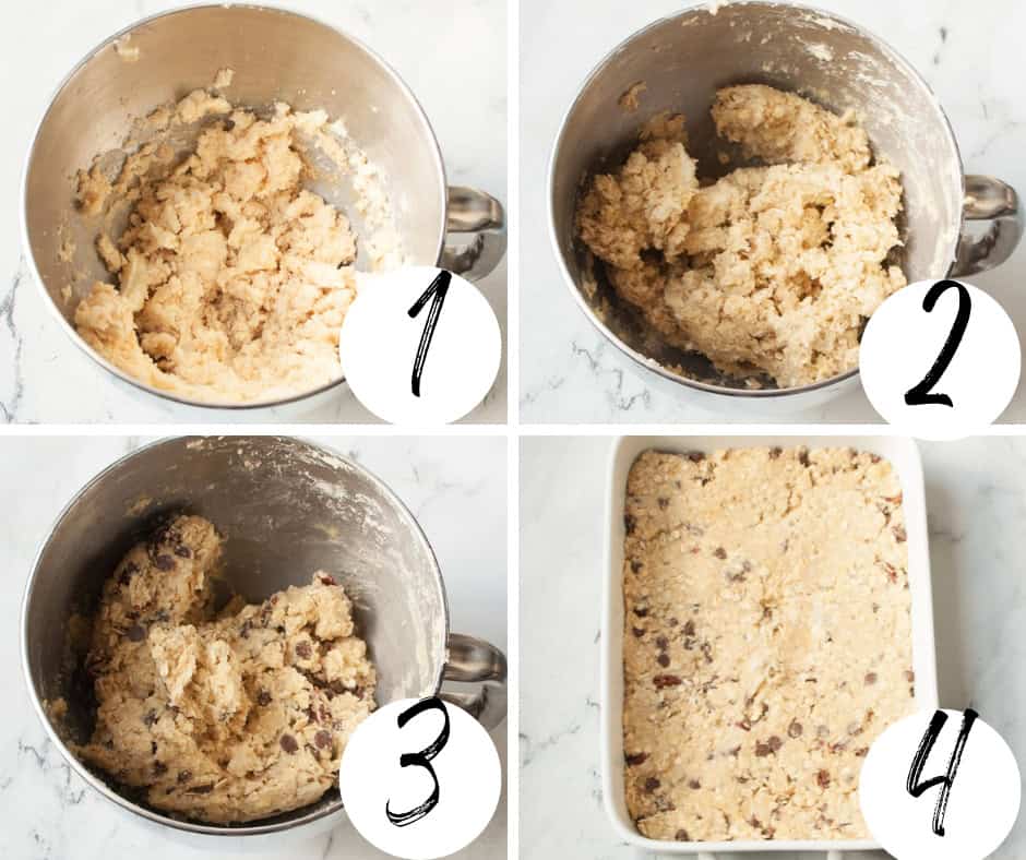 A collage with four images showing each step of how to make oatmeal blondies.