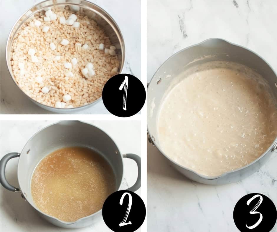 Steps 1 through 3 of how to make Rice Krispie treats in a 9-13 inch pan.