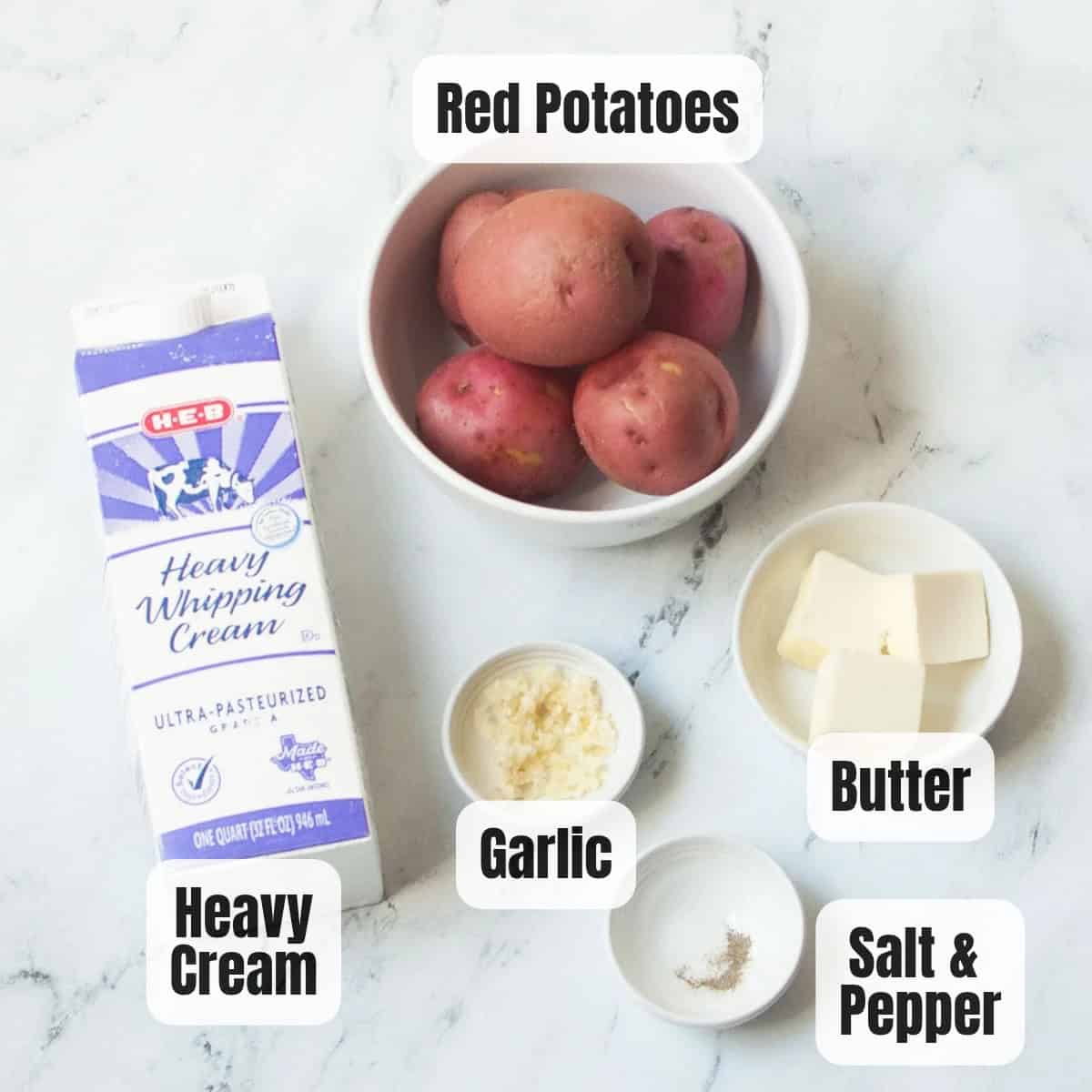 The ingredients needed to make Copycat Cheesecake Factory Mashed Potatoes.
