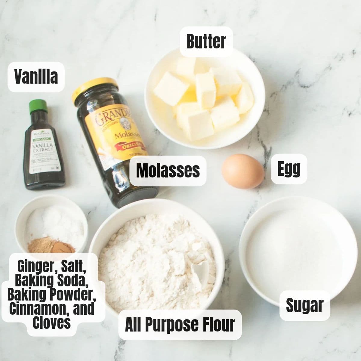 The ingredients needed to make soft ginger cookies.