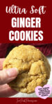 Text that says, "Ultra soft ginger cookies" below the text is a photo of a hand holding a soft ginger cookie. In the bottom right there's text that says, "100% human created and tested recipe by Two Pink Peonies."