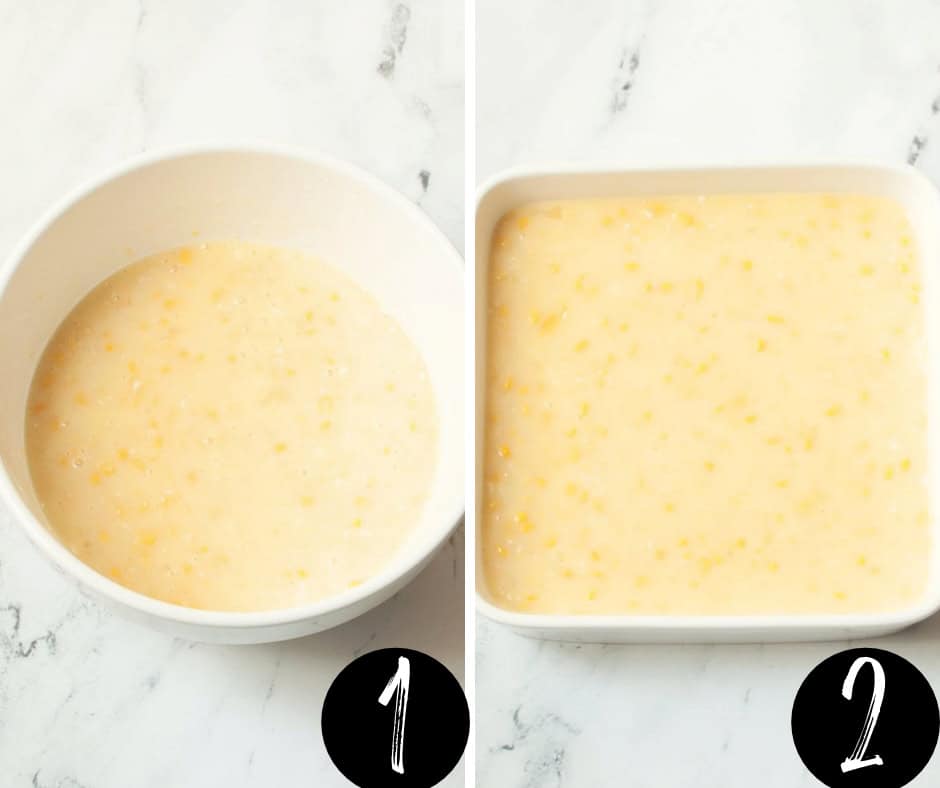 A collage with two images showing each step of how to make corn pudding.